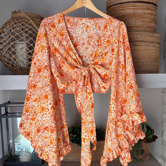 SHEIN Tops - Boho Tie Front Blouse - Ruffle Edged Sleeves - Orange Floral Print